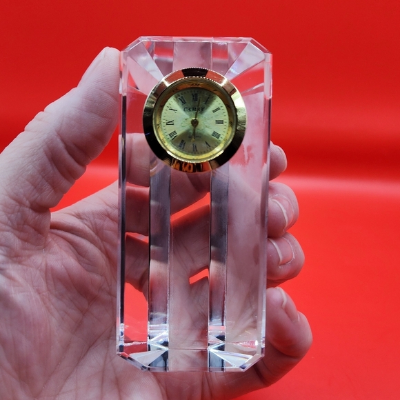 Desk Clock Crystal Cut Glass Paperweight Camry Gold Tone Triangular Column Nice! - Picture 7 of 12